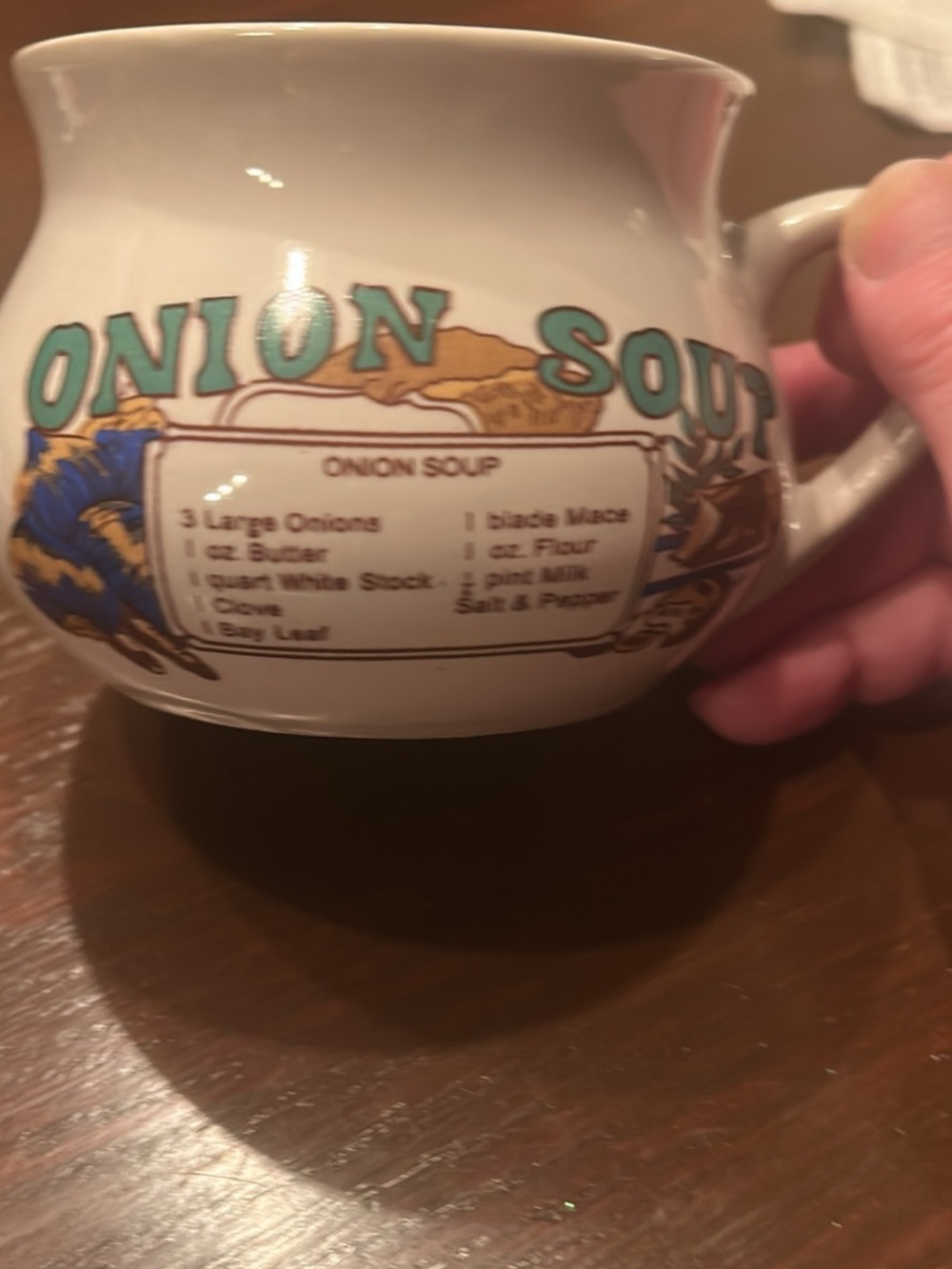 Onion Soup Ceramic Soup Mug - White with Green Lettering - Picture 2 of 4